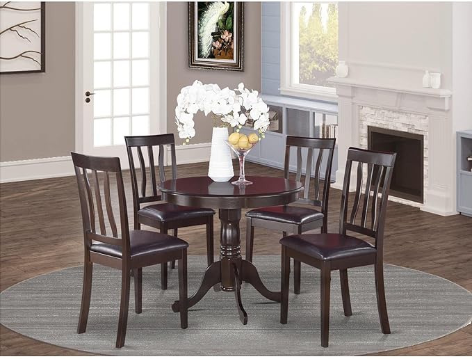East West Furniture Antique 5 Piece Room Furniture Set Includes a Round Kitchen Table with Pedestal and 4 Faux Leather Upholstered Dining Chairs, 36x36 Inch, ANTI5-CAP-LC - LeafyLoom