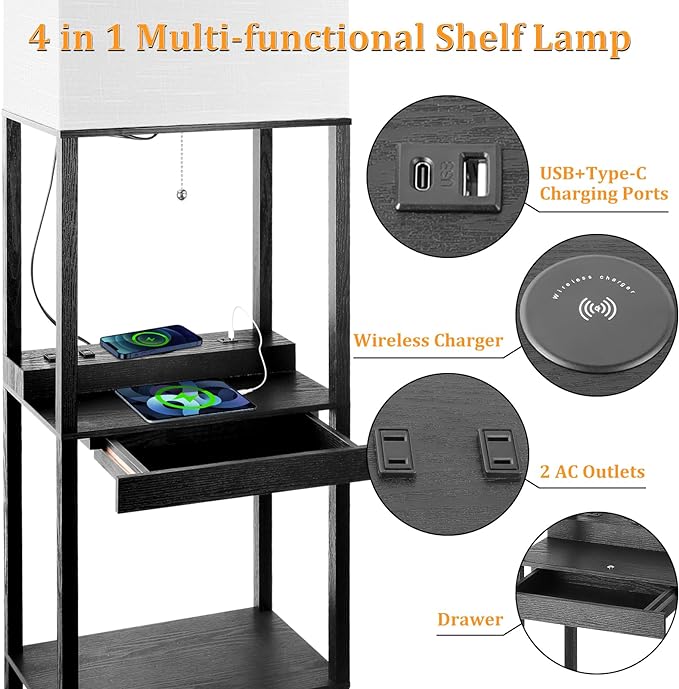 Dott Arts Floor Lamp with Shelves, wide Shelf Lamp with Wireless Charger & USB A+C Ports & 2 AC Outlets,3 Color Temperature Corner Tall Standing Floor Lamps for Living Room, Bedroom, Office (Black) - LeafyLoom