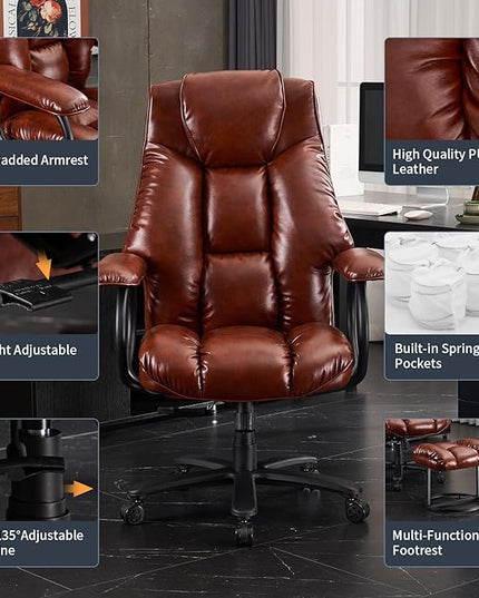 Office Chair Big and Tall, High Back Home Office Chair 400 lbs, Executive Desk Chair, Ergonomic Office Chair with Padded Armrest, Swivel Computer Chair PU Leather (Brown) - LeafyLoom