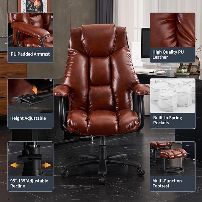 Office Chair Big and Tall, High Back Home Office Chair 400 lbs, Executive Desk Chair, Ergonomic Office Chair with Padded Armrest, Swivel Computer Chair PU Leather (Brown) - LeafyLoom