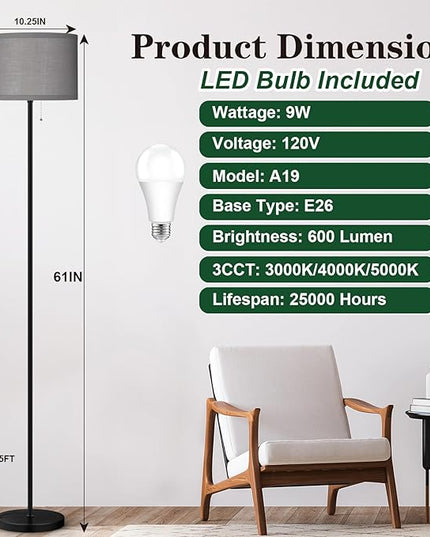 LED Floor Lamp for Bedroom, 3 Color Temperature Modern Standing Lamp, Modern Tall Lamp for Living Room, Grey Minimalist Pole Lamp with Pull Chain, Stand Up Lamp for Nursery Hotel, 9W Bulb Included - LeafyLoom