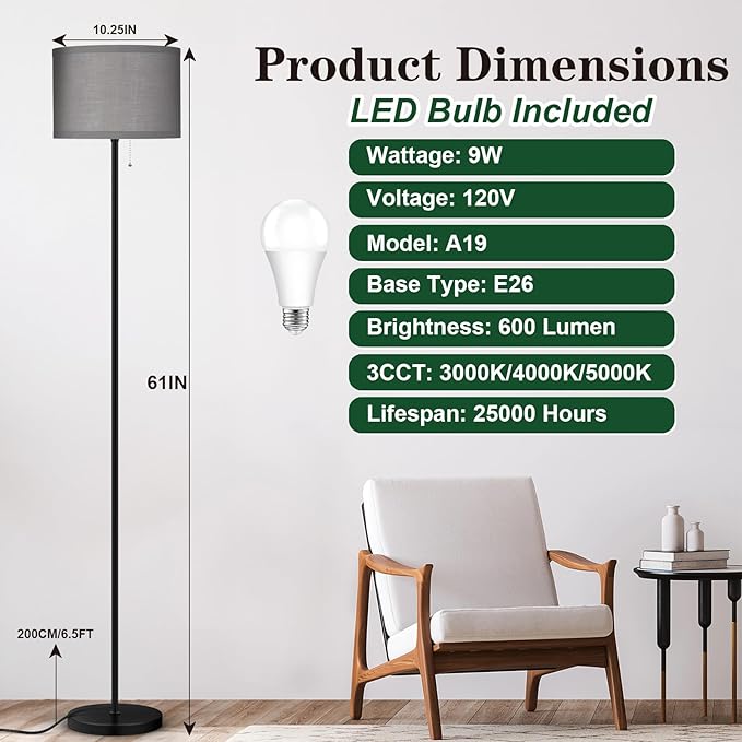 LED Floor Lamp for Bedroom, 3 Color Temperature Modern Standing Lamp, Modern Tall Lamp for Living Room, Grey Minimalist Pole Lamp with Pull Chain, Stand Up Lamp for Nursery Hotel, 9W Bulb Included - LeafyLoom