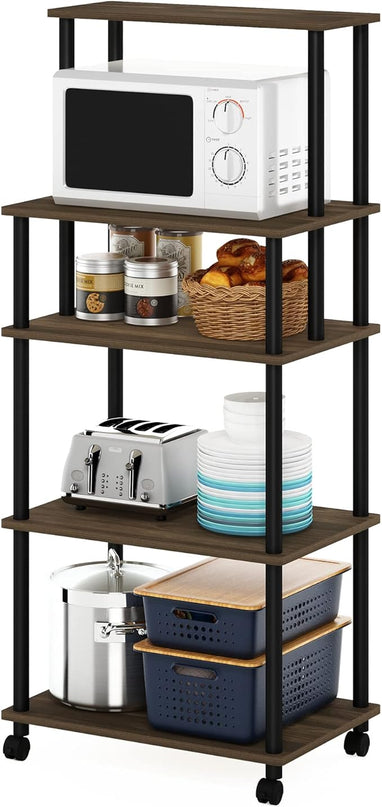 Furinno Turn-N-Tube 5-Tier Toolless Kitchen Storage Cart with Lockable Wheels, Columbia Walnut/Black - LeafyLoom