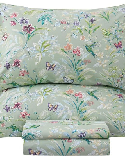 QSH Floral Full Size Sheet Sets - Green Flower Bird Butterfly Print Botanical Bedding Egyptian Cotton Printed Sheets Full Size Bed Extra Soft and Breathable 4pcs Deep Pockets Bed Sheets - LeafyLoom