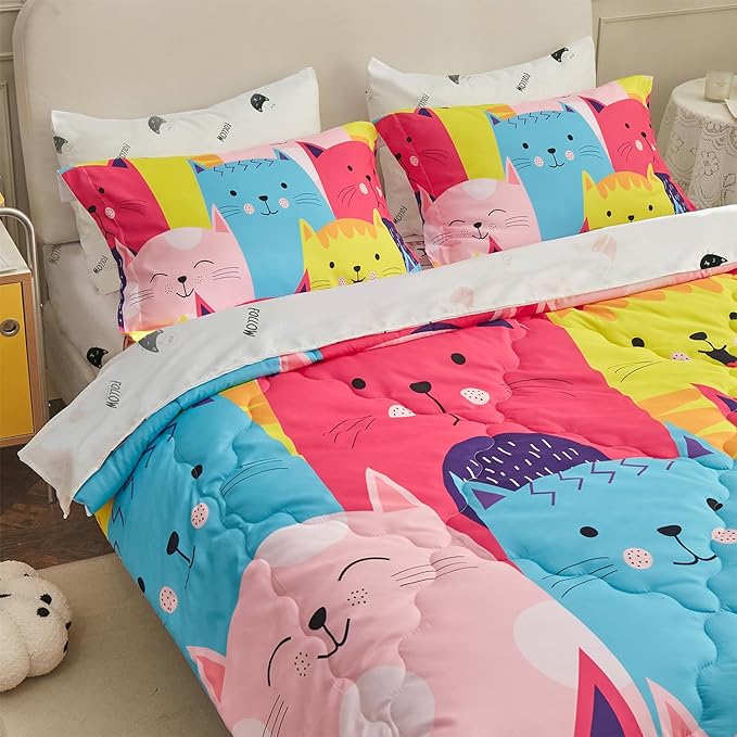 Wajade Kids Cute Cats Comforter Set Bed in A Bag Twin Size 7 Piece Colorful Cartoon Pet Cats Bedding Set for Boys Girls (1 Comforter, 1 Flat Sheet, 1 Fitted Sheet, 2 Pillowcase and 2 Pillow Sham) - LeafyLoom