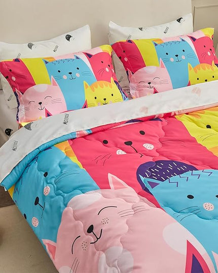 Wajade Kids Cute Cats Comforter Set Bed in A Bag Full Size 7 Piece Colorful Cartoon Pet Cats Bedding Set for Boys Girls (1 Comforter, 1 Flat Sheet, 1 Fitted Sheet, 2 Pillowcase and 2 Pillow Sham) - LeafyLoom