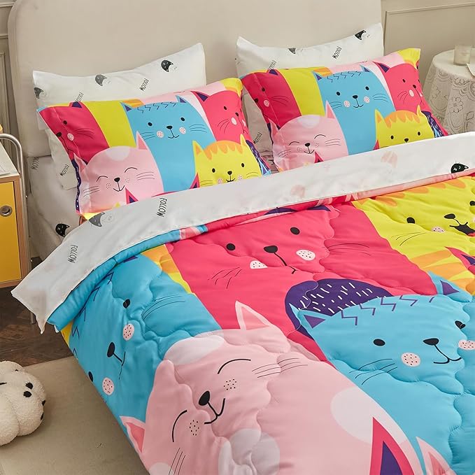 Wajade Kids Cute Cats Comforter Set Bed in A Bag Full Size 7 Piece Colorful Cartoon Pet Cats Bedding Set for Boys Girls (1 Comforter, 1 Flat Sheet, 1 Fitted Sheet, 2 Pillowcase and 2 Pillow Sham) - LeafyLoom