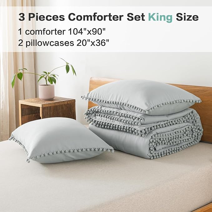 Litanika King Size Comforter Set Light Grey,3 Pieces Light Grey Boho Pom Pom Lightweight Bed Comforter, All Season Soft Solid Color Bedding Comforter Sets (1 Comforter 104x90 Inch, 2 Pillowcases) - LeafyLoom