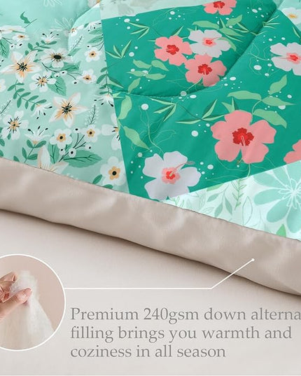 Whale Flotilla King Comforter Set, Soft Reversible Light Green Bedding Comforter Set with Boho Pattern, 1 Micoriber Patchwork Comforter and 2 Pillow Shams, 3 Pieces - LeafyLoom