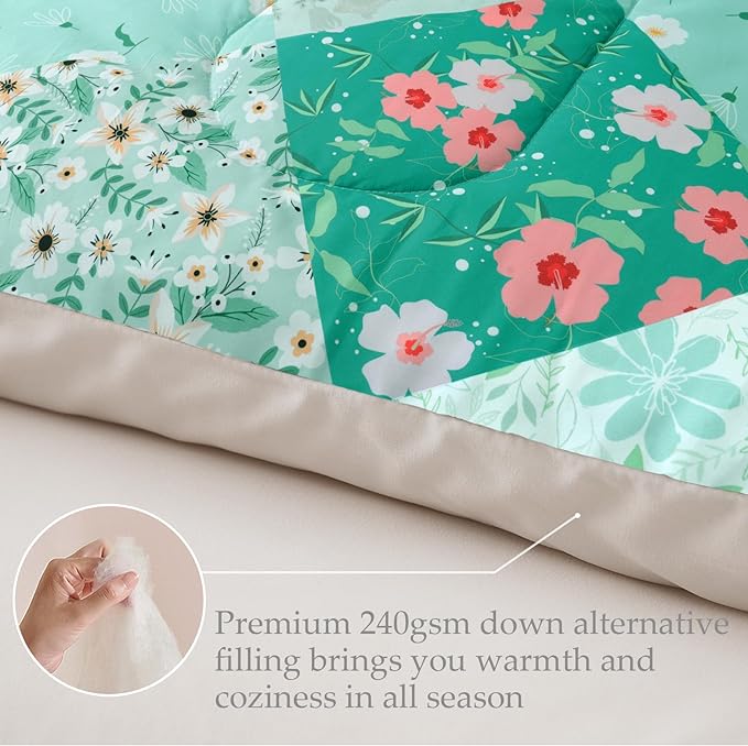 Whale Flotilla King Comforter Set, Soft Reversible Light Green Bedding Comforter Set with Boho Pattern, 1 Micoriber Patchwork Comforter and 2 Pillow Shams, 3 Pieces - LeafyLoom