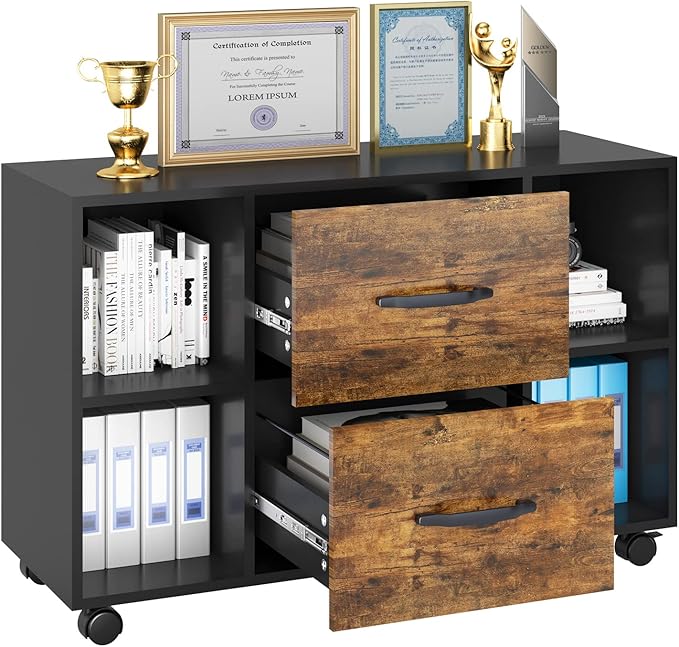 sogesfurniture Mobile Lateral Filing Cabinet with 2 Drawers,Lateral Office Cabinet Printer Stand, Multifunctional Storage Cabinet with Open Shelves and Castors for Home & Office (Brown) - LeafyLoom