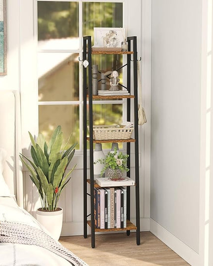 YMYNY 5 Tiers Ladder Bookcase, Industrial Narrow Bookshelf, Open Display Rack with 4 S Hooks, Metal Storage Shelves for Bedroom, Home Office, Living Room, Rustic Brown, 63H*13.4L*11.8W, UHBC025H - LeafyLoom