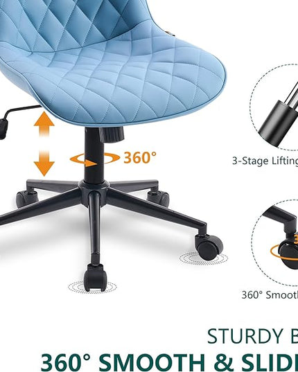 YOUNUOKE Office Chair Desk Chair with Wheels, Thick Upholstery Armless Computer Chair, Small Cute Office Chair Faux Leather Swivel Desk Chairs Task Chairs, Blue - LeafyLoom
