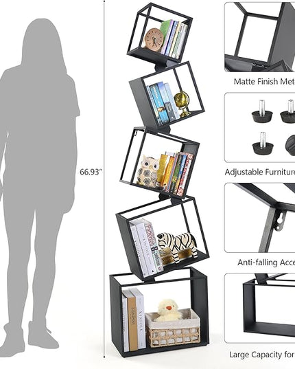Bookshelf, Book Shelf, 5 Tier Bookshelf, Black Bookshelf, 67'' Tall, Modern Bookshelf for Books/CDs/Home Decor, Bookcase for living room, dining room, bedroom, nursery room - LeafyLoom