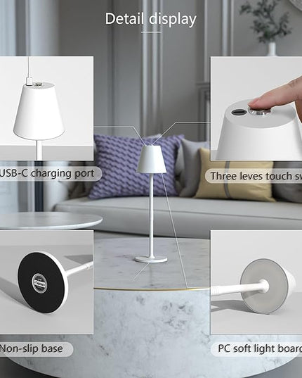 LED CordlessTable Lamp,4000mAh Rechargeable Battery Desk lamp,3 Level Brightness Beside Night Light, Minimalist Design, for Couple Dinner/Coffee Table/Restaurant/Bedroom(White 4PACK) - LeafyLoom