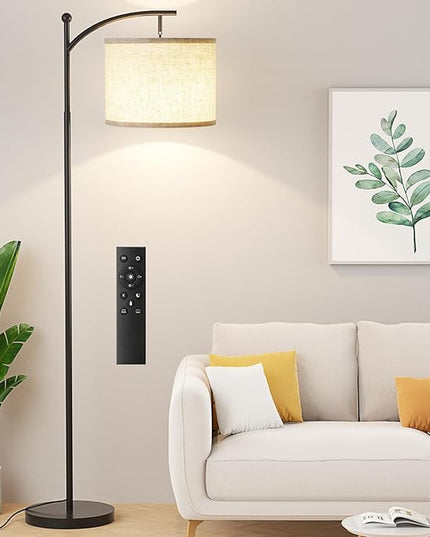 Ambimall Floor Lamp with Remote Control and Stepless Dimmable Bulb, Colors Temperature & Brightness Adjustable, Modern Floor Lamps for Living Room（Beige Shade & Black Pole） - LeafyLoom