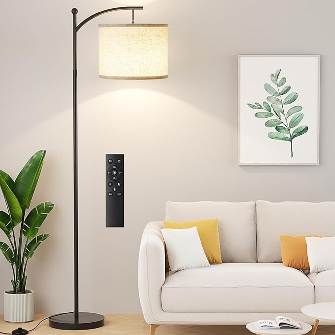 Ambimall Floor Lamp with Remote Control and Stepless Dimmable Bulb, Colors Temperature & Brightness Adjustable, Modern Floor Lamps for Living Room（Beige Shade & Black Pole） - LeafyLoom