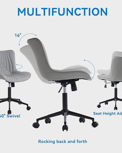 YOUNIKE Office Chair, Armless Desk Chair with Wheels, Home Office Computer Task Chairs, Modern Faux Leather Upholstered Vanity Chair, Adjustable Swivel Rolling Office Chair, Grey - LeafyLoom