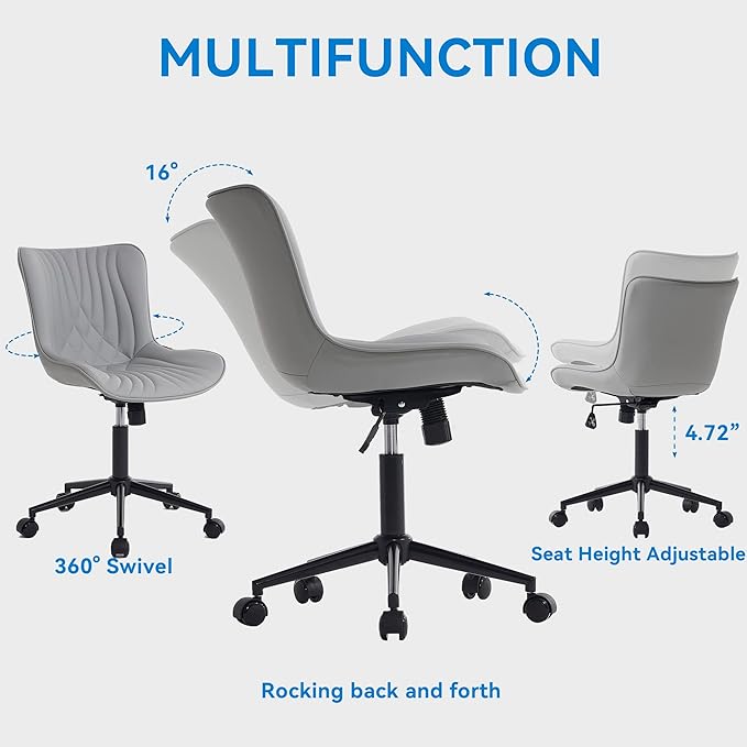 YOUNIKE Office Chair, Armless Desk Chair with Wheels, Home Office Computer Task Chairs, Modern Faux Leather Upholstered Vanity Chair, Adjustable Swivel Rolling Office Chair, Grey - LeafyLoom