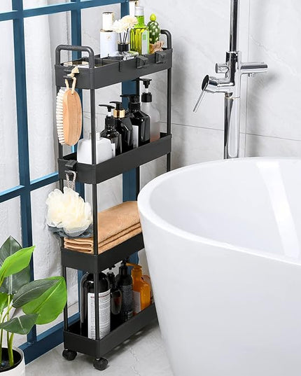 Arogan Slim Rolling Storage Cart with Wheels, 4 Tier Bathroom Storage Cart Laundry Room Organizer, Rolling Utility Cart for Kitchen, Bathroom, Laundry Room, Office, Narrow Place(Black) - LeafyLoom