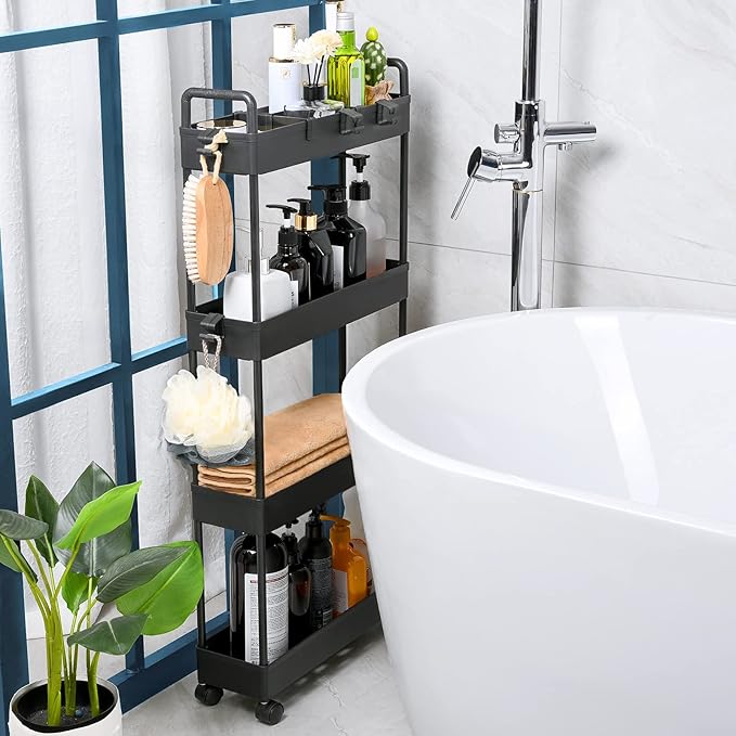 Arogan Slim Rolling Storage Cart with Wheels, 4 Tier Bathroom Storage Cart Laundry Room Organizer, Rolling Utility Cart for Kitchen, Bathroom, Laundry Room, Office, Narrow Place(Black) - LeafyLoom