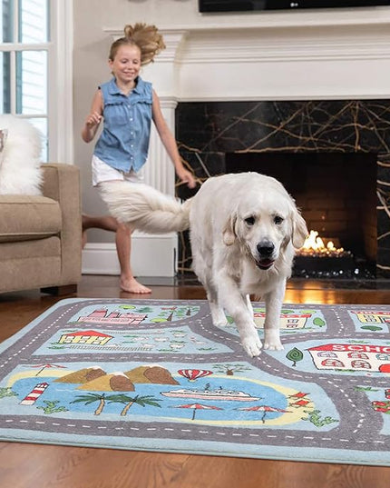 Playroom Rug Play Carpet 4’ x 6’, Blue Large Educational Children’s Play Mat, Learning & Have Fun Safely Non-Slip Washable Road Traffic Floor Area Carpet, Great for Kids Room Bedroom - LeafyLoom