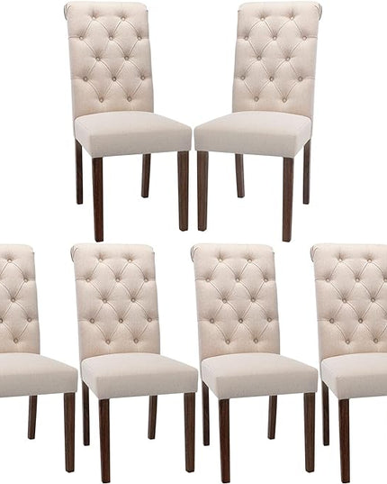 COLAMY Button Tufted Dining Chairs Set of 6, Accent Parsons Diner Chair Upholstered Fabric Dining Room Chairs Stylish Kitchen Chairs with Solid Wood Legs and Padded Seat - Dark Beige - LeafyLoom