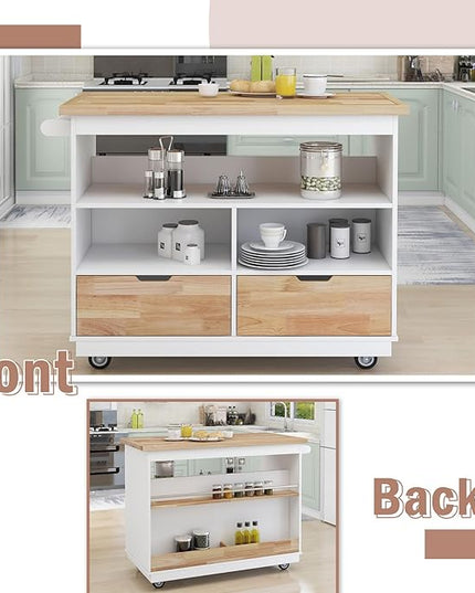 RITSU Kitchen Island Cart with Storage, Two-sided Rolling Bar Storage Cabinet Organizer on Wheels Wooden Top, Portable Movable Table w/Wine and Spice Rack, 2 Drawers, for Dining Room, White - LeafyLoom