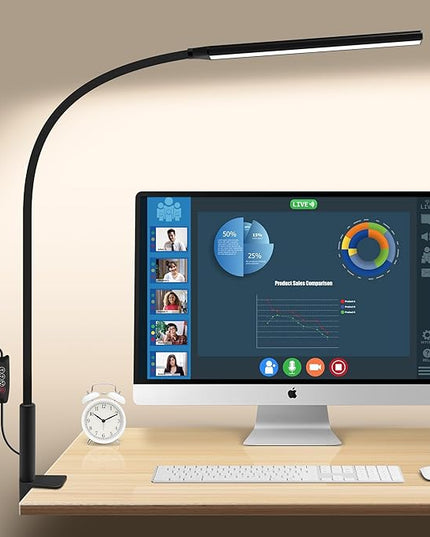 Desk Lamp with Clamp, Stepless Dimming Desk Lamps for Home Office Adjustable Desk Lamp Eye Caring Desk Light Office Lamp with USB Adapter for Working Drawing Sewing (Black) - LeafyLoom