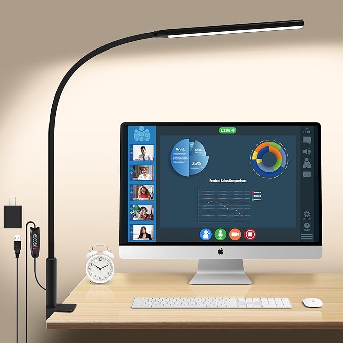 Desk Lamp with Clamp, Stepless Dimming Desk Lamps for Home Office Adjustable Desk Lamp Eye Caring Desk Light Office Lamp with USB Adapter for Working Drawing Sewing (Black) - LeafyLoom