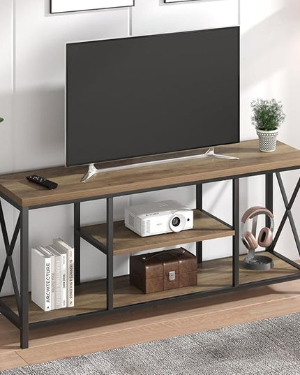 FOLUBAN TV Stand for TV up to 65 inch, Rustic Wood and Metal Entertainment Center with Storage Shelves, Modern Industrial Media TV Console Table for Living Room, Oak 55 inch - LeafyLoom