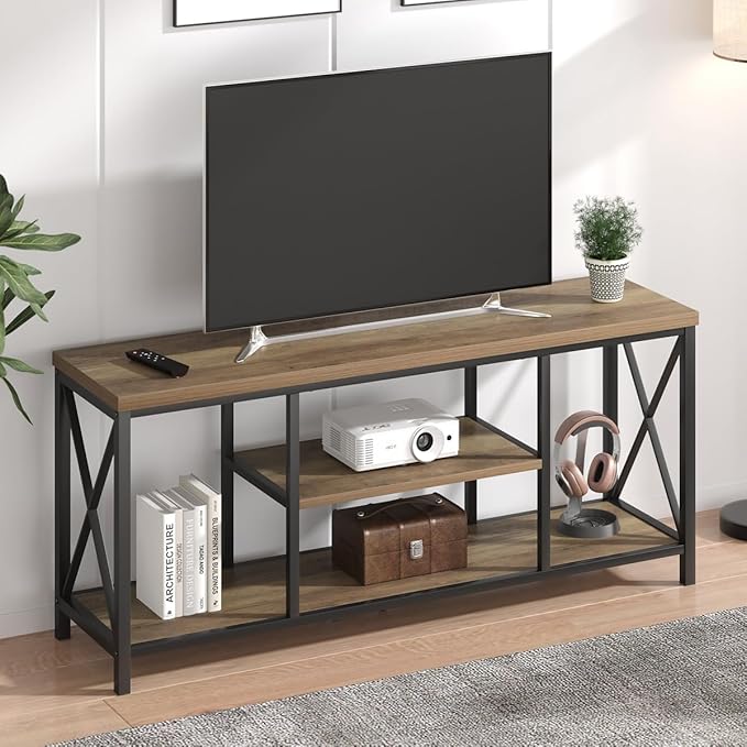 FOLUBAN TV Stand for TV up to 65 inch, Rustic Wood and Metal Entertainment Center with Storage Shelves, Modern Industrial Media TV Console Table for Living Room, Oak 55 inch - LeafyLoom