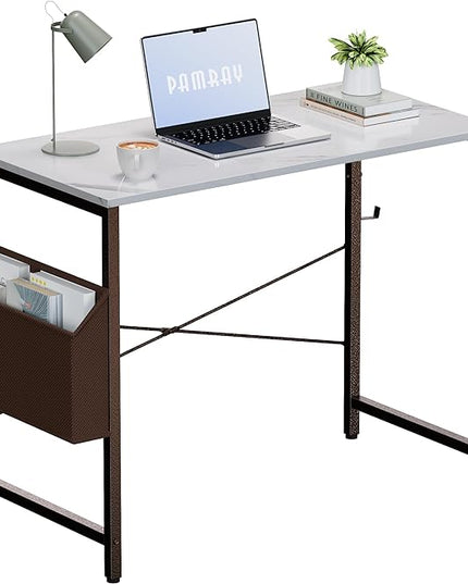 Pamray 32 Inch Computer Desk Small Spaces Desk with Storage Bag for Bedroom Writing and Home Office Work Small Study Desk Table White Marble - LeafyLoom