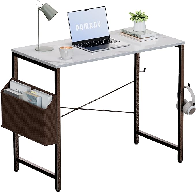 Pamray 32 Inch Computer Desk Small Spaces Desk with Storage Bag for Bedroom Writing and Home Office Work Small Study Desk Table White Marble - LeafyLoom