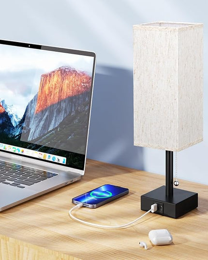 Pull Chain Small Table Lamp for Bedroom with USB Ports, 3 Color Temperature Bedside Lamp for Kid's Room Office - LeafyLoom