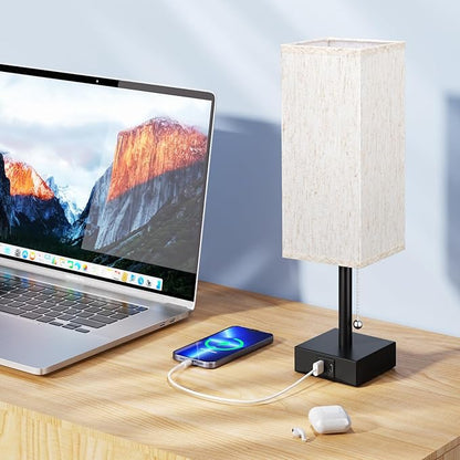 Pull Chain Small Table Lamp for Bedroom with USB Ports, 3 Color Temperature Bedside Lamp for Kid's Room Office - LeafyLoom
