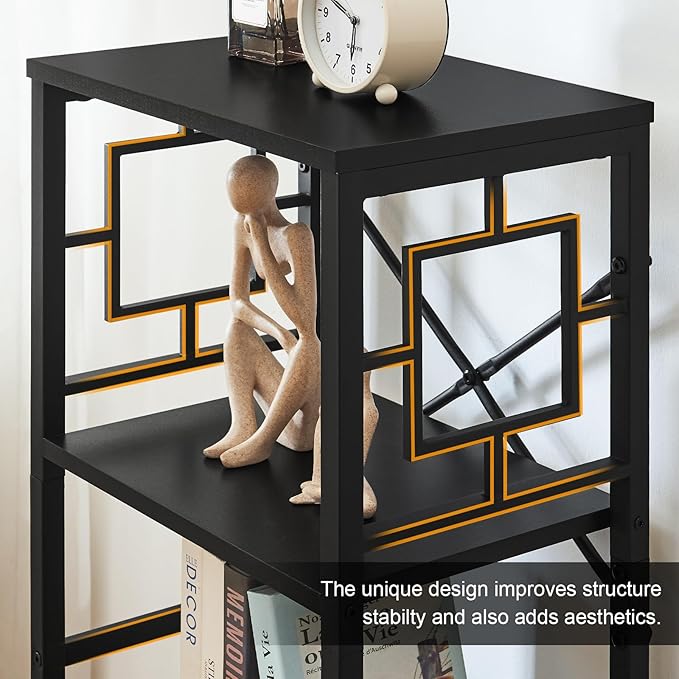 Bookshelf, Vintage Industrial 4 Tier Bookshelf, Freestanding Narrow Bookcase with Rustic Wood and Metal, Small Bookshelf for Home Office, Bedroom & Living Room, Black - LeafyLoom