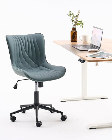 YOUNIKE Office Chair Armless Desk Chair with Wheels, Home Office Computer Task Chair, Modern Faux Leather Upholstered Vanity Chair, Adjustable Swivel Rolling Office Chairs, Greyishgreen - LeafyLoom