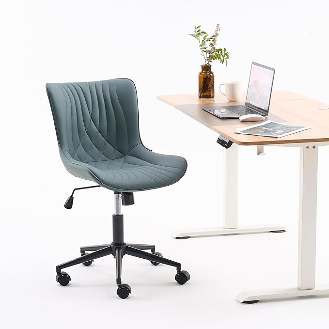 YOUNIKE Office Chair Armless Desk Chair with Wheels, Home Office Computer Task Chair, Modern Faux Leather Upholstered Vanity Chair, Adjustable Swivel Rolling Office Chairs, Greyishgreen - LeafyLoom