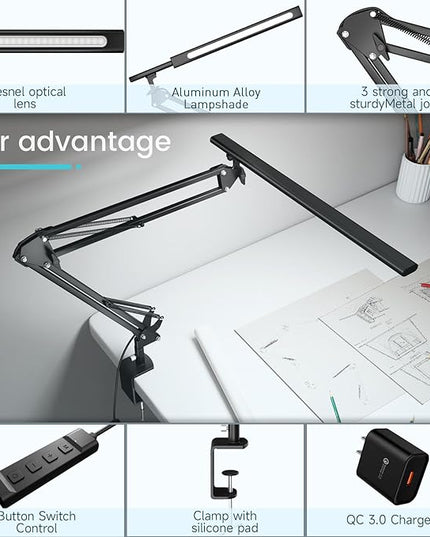 LED Desk Lamp, Desk Light for Home Office, Architect Light, Eye-Caring Optical Lens,Table Lamp, 5 Color Modes & Brightness, Clamp Lamp with Memory Function for Drafting Reading Study, Black - LeafyLoom