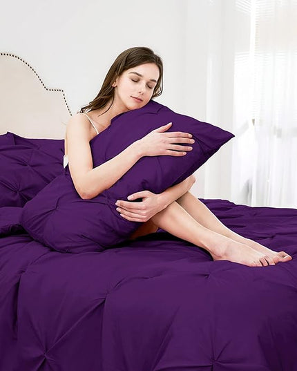 Ubauba 7pc King Size Comforter Set with Sheets, All Season Pintuck 7 Piece Bedding Sets Purple, Pinch Pleating Bed in a Bag Set with Comforters (Purple,King) - LeafyLoom
