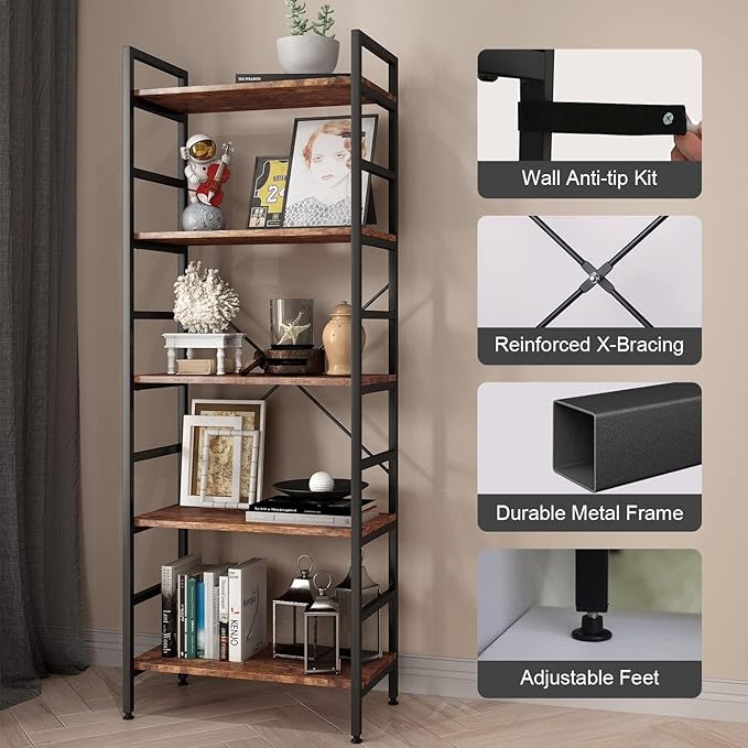 5 Tier Tall BookShelf,Bookcase with Steel Frame,Home Office Modern Bookcase Shelf for Bedroom/Living Room/Home Office - Rustic Brown Storage Rack for Books,Garage Kit, CDs and Movies - LeafyLoom