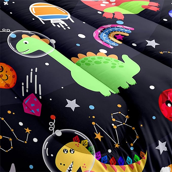 Boys Dinosaur Comforter Set Queen Size, 3Pcs Black Cartoon Dinosaur Bedding Set for Girls Kids Adults Bedroom Decor, Boys Comforter Set for All Season, Lightweight, 1 Quilt with 2 Pillowcases - LeafyLoom
