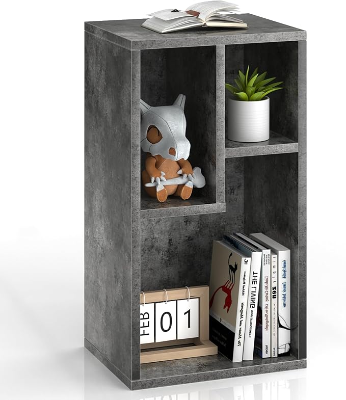 VECELO 3-Cube Open Bookcase, Small Bookshelf with Height Difference Shelves for Most Books, Horizontal Available, 2-Tier Storage Organizer for Home Office, Living Room, Grey - LeafyLoom