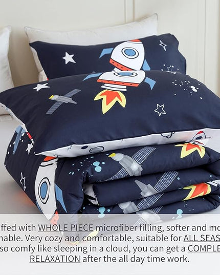 RYNGHIPY Kids Comforter Set Full Size, Cute Space Rocket Bedding Set for Boys Girls, Space Themed Teen Boy Bedding (Space Rocket,Full) - LeafyLoom