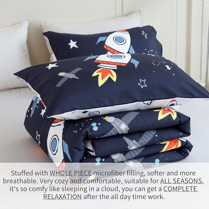 RYNGHIPY Kids Comforter Set Queen Size, Cute Space Rocket Bedding Set for Boys Girls, Space Themed Teen Boy Bedding (Space Rocket,Queen) - LeafyLoom