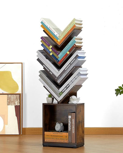 ruboka 5-Shelf Tree Bookshelf with Storage, 37.9-Inch Retro Floor Standing Bookcase Display for CDs/Magazine/Books, Small Bookshelf for Bedroom, Living Room, Office, Brown Storage Shelves - LeafyLoom