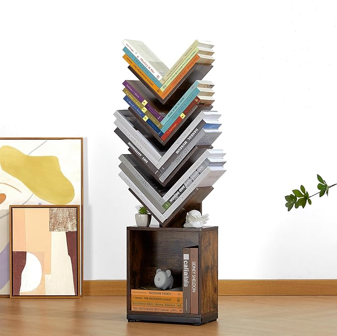 ruboka 5-Shelf Tree Bookshelf with Storage, 37.9-Inch Retro Floor Standing Bookcase Display for CDs/Magazine/Books, Small Bookshelf for Bedroom, Living Room, Office, Brown Storage Shelves - LeafyLoom