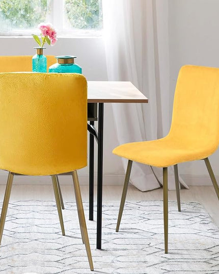 FurnitureR Modern Style Dining Chairs Set of 4, Comfy Side Chair with Fabric Seat Sturdy Metal Gold Legs for Kitchen Living Room Bedroom, Yellow - LeafyLoom