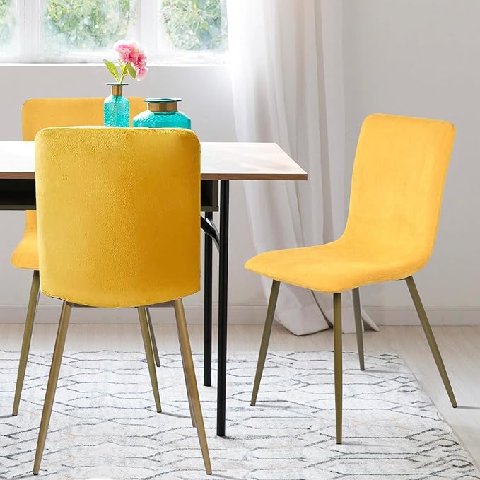 FurnitureR Modern Style Dining Chairs Set of 4, Comfy Side Chair with Fabric Seat Sturdy Metal Gold Legs for Kitchen Living Room Bedroom, Yellow - LeafyLoom